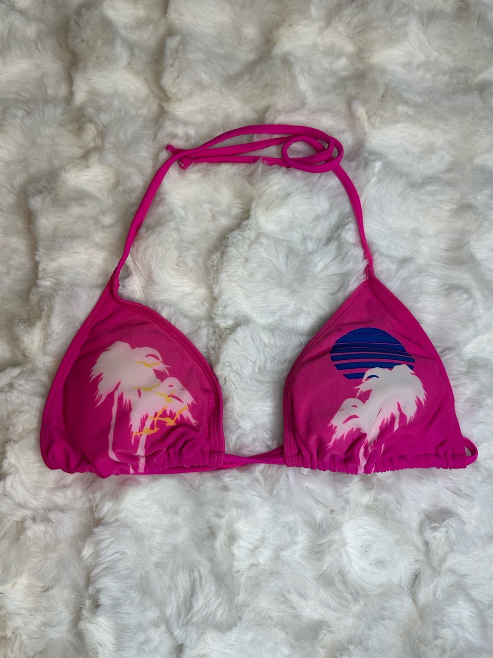 Dolls Flattering Tropical Hot Pink Triangle Bikini Top with Palm Tree- Women’s